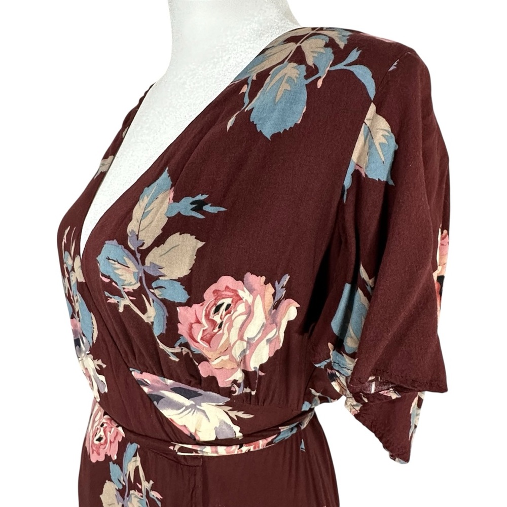 Show Me‎ Your MuMu Burgundy Floral Mini Wrap Dress Short Sleeve V-Neck  Size S - Picture 6 of 8